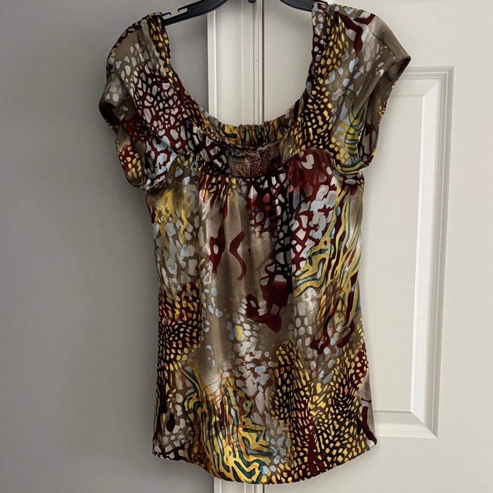 Silk Multicolor Abstract Scoop Neck Blouse — Gold, Burgundy & Olive